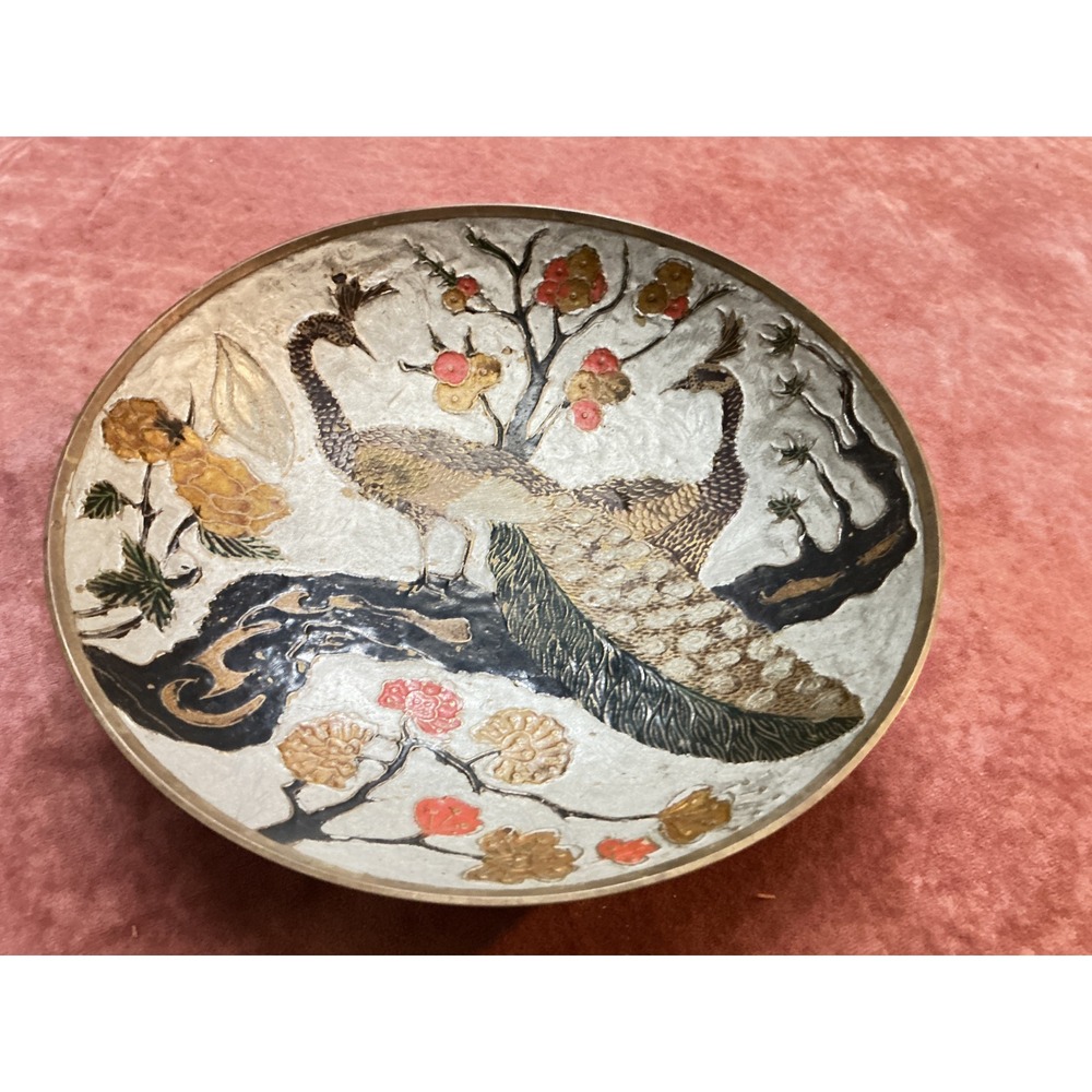 Vintage Brass Peacock Bowl Made in India Enamel Etched Decorative Dish 8 Inch